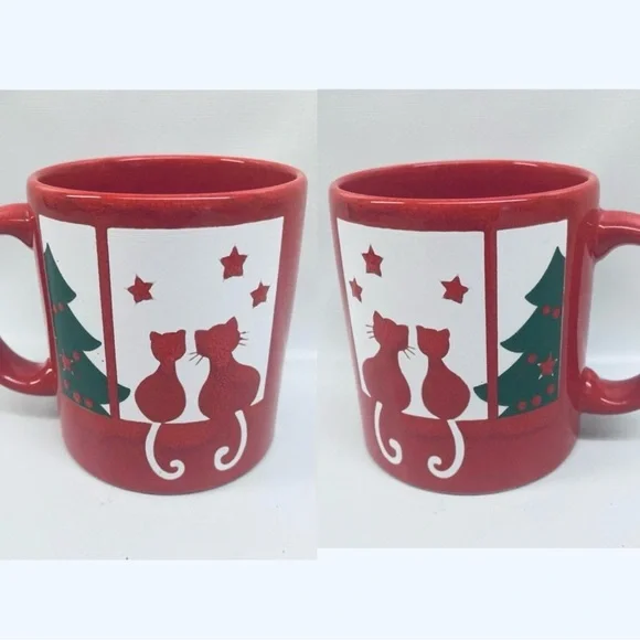 Set of 2 Cups Red Cat in Window Christmas Tree Mug Germany VTG WAECHTERSBACH - Picture 2 of 3
